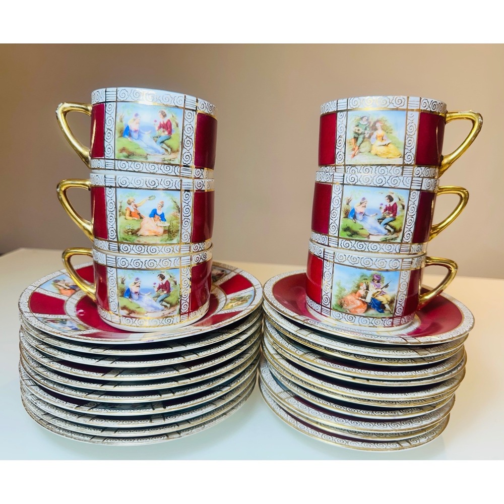 Vintage Fragonard Courting Couple 27pc Demitasse Set Burgundy Gold Chehoslovakia
